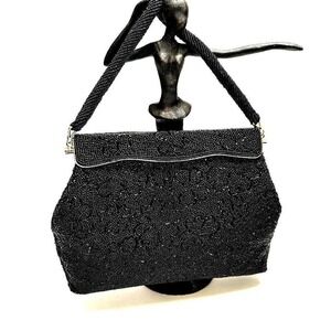 Voguemont Vintage Black Beaded Evening Handbag Made in Hong Kong Gold
